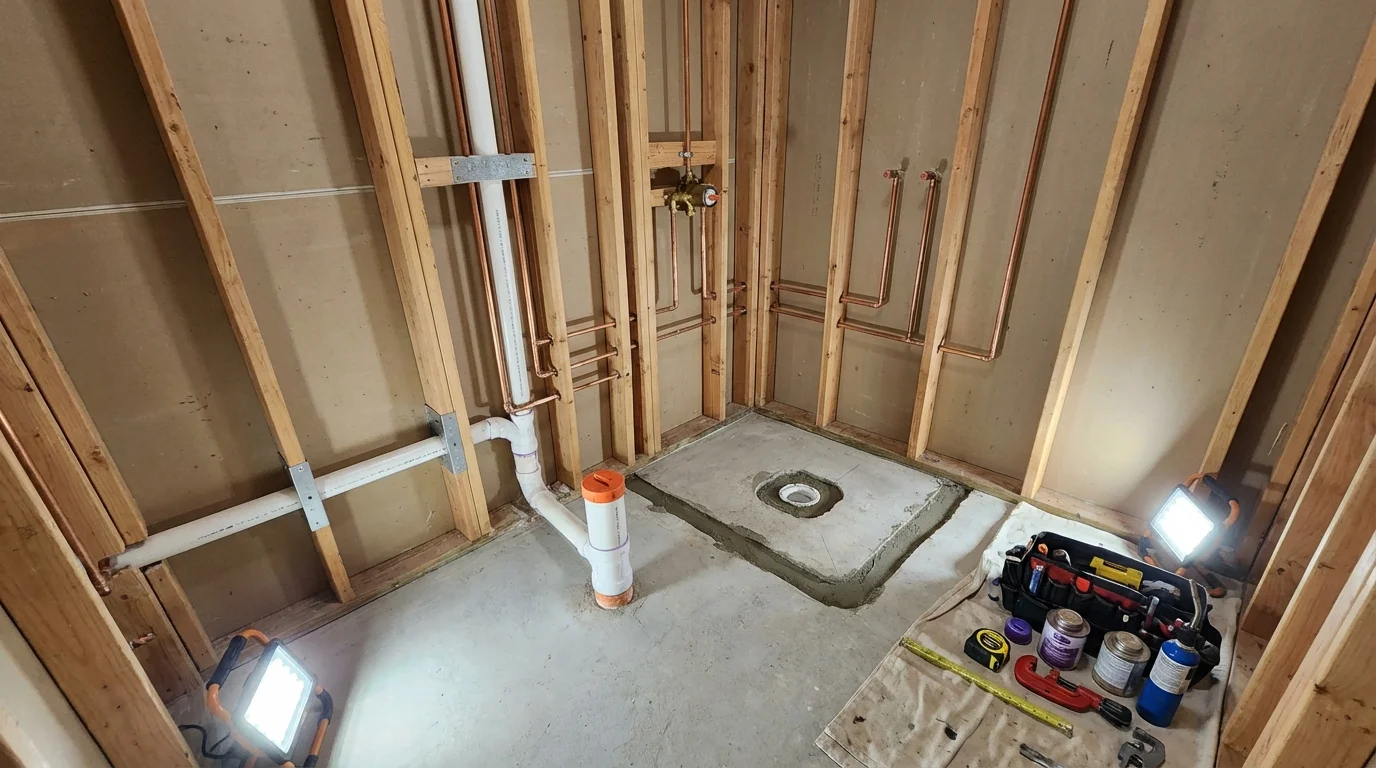 Bathroom rough-in plumbing during remodel by Johns Plumbing LLC in Reading