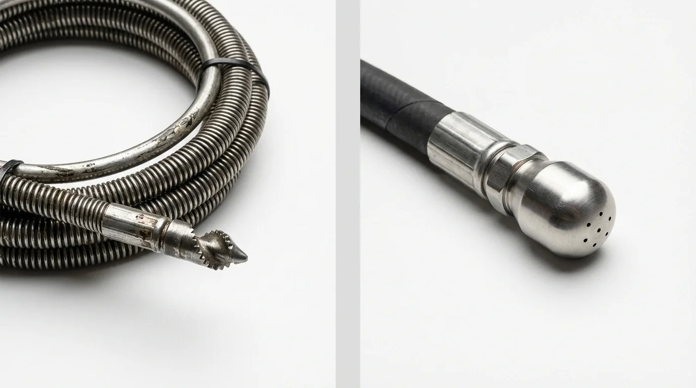 Drain snake cable and hydro jetting nozzle used for drain cleaning in Reading, MI