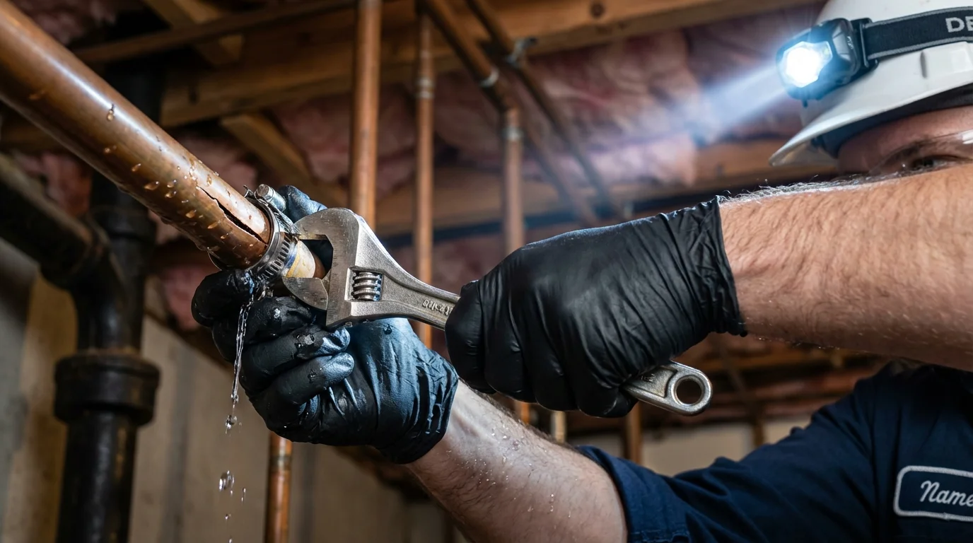 Emergency pipe clamp repair being performed by a Johns Plumbing LLC plumber in Reading
