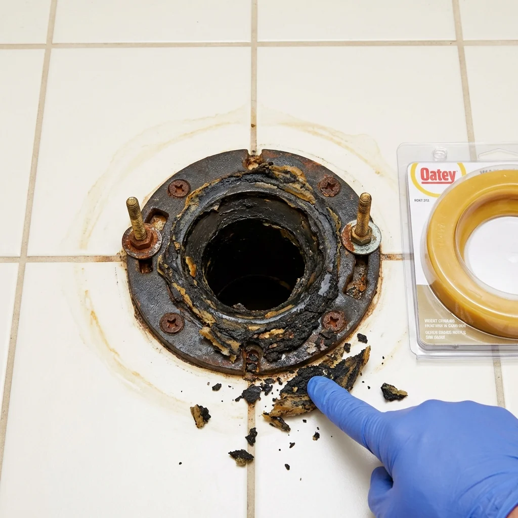 Failed wax ring showing water seepage at the base of a toilet in a Reading, MI home