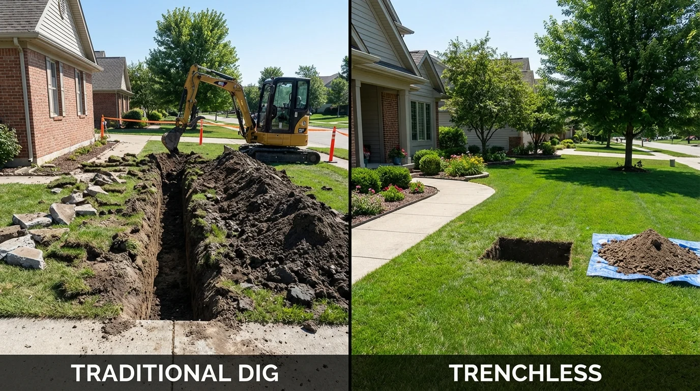 Trenchless sewer repair with minimal yard damage versus traditional excavation in Reading, MI
