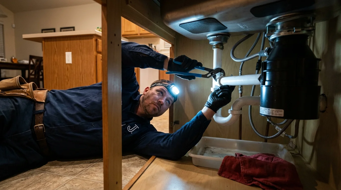 P-trap and supply line connections under a kitchen sink showing a common leak point in Reading, MI